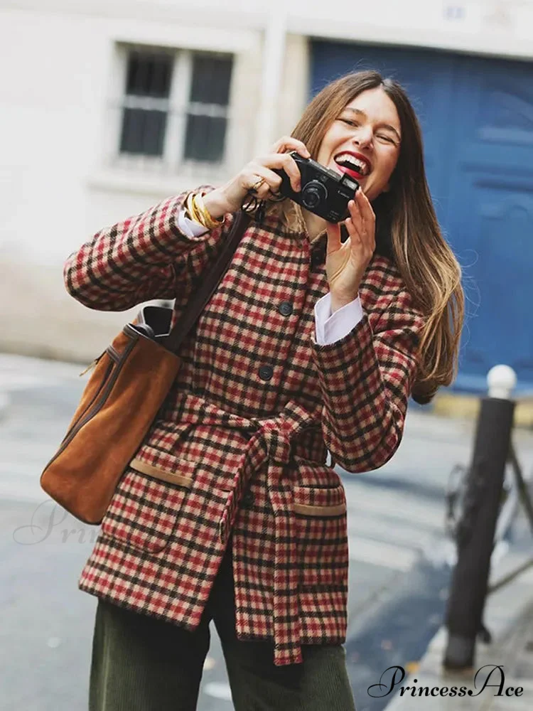 Red Checked Wool Jacket with Belt Coat - Image 6