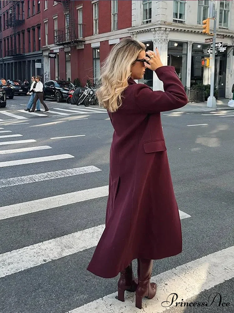 Red Lapel Wool Mix Long Coat - Image 4