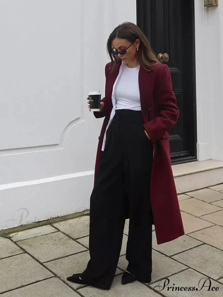 Red Lapel Woolen Double-Breasted Overcoat - Image 3