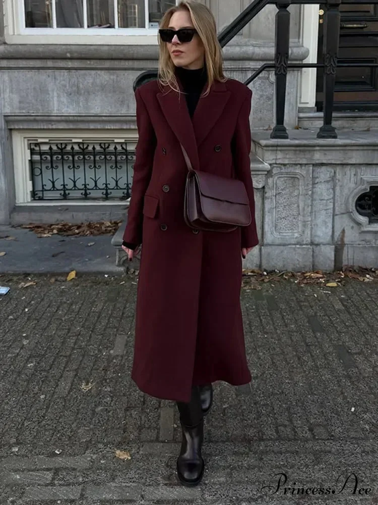 Red Lapel Woolen Double-Breasted Overcoat - Image 5