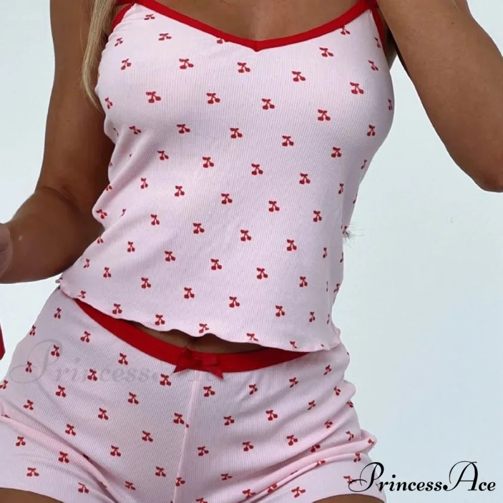 Red Print Sleeveless V Neck Cami Crop Top Shorts Two Pieces Set - Image 5