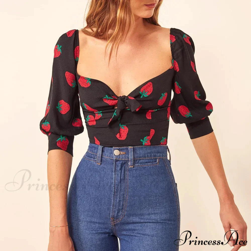 Red Print Sweetheart Neck Slim Gathered Puff Blouse