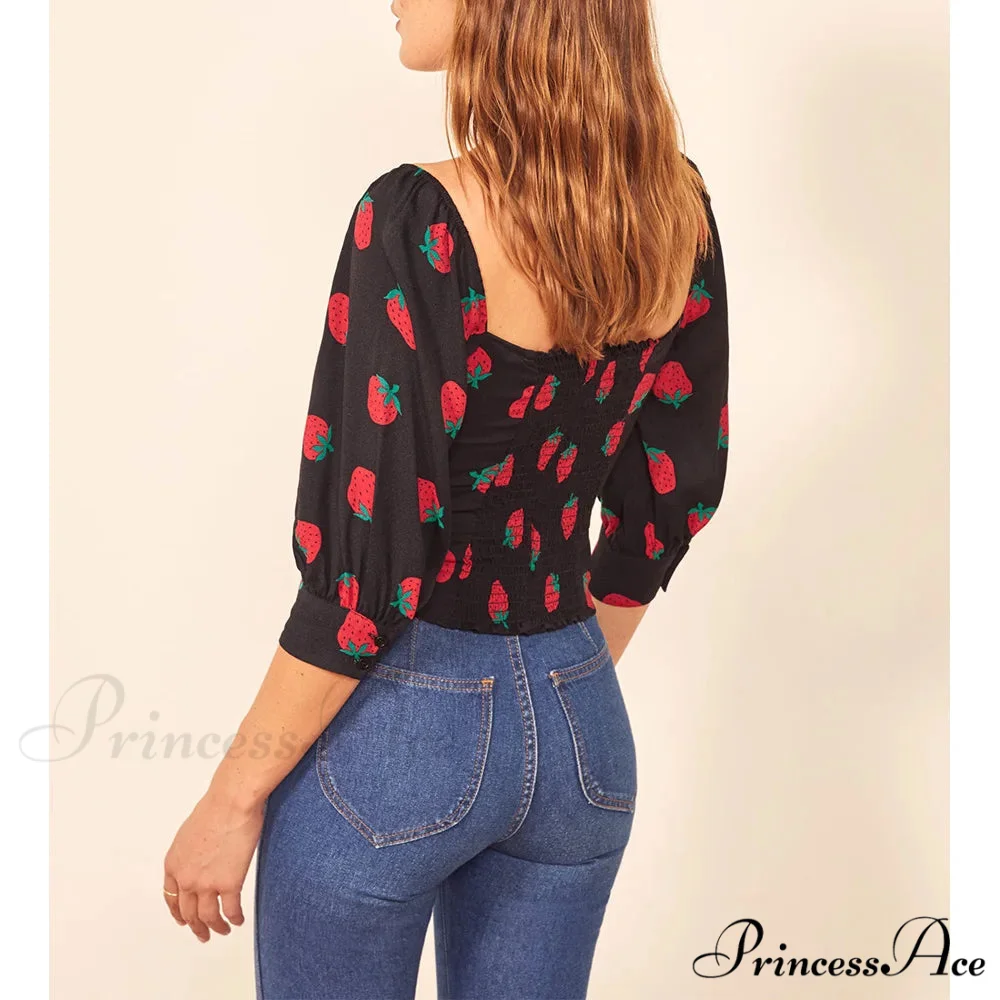 Red Print Sweetheart Neck Slim Gathered Puff Blouse - Image 2