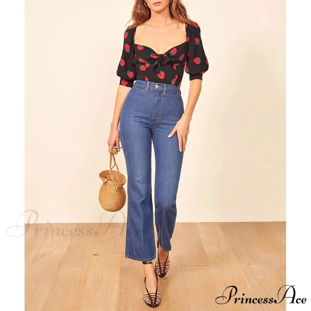 Red Print Sweetheart Neck Slim Gathered Puff Blouse - Image 3