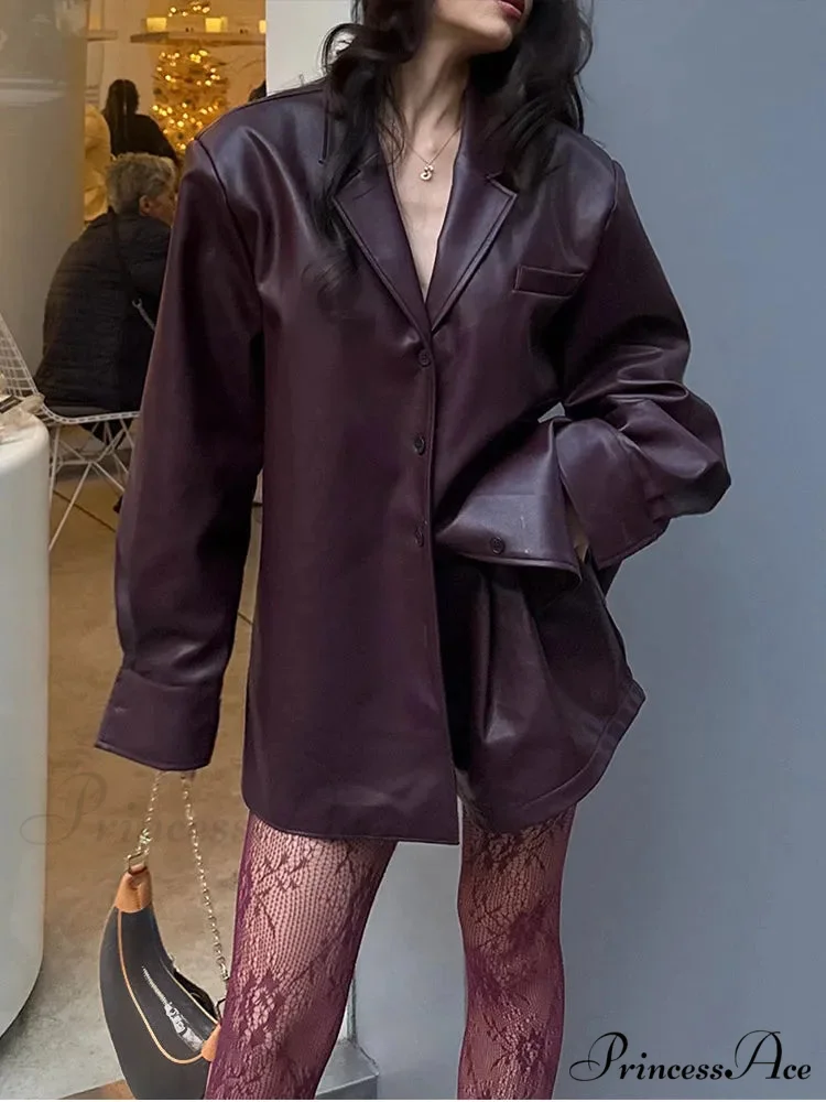 Red Single Buttoned Faux Leather Jacket - Image 2