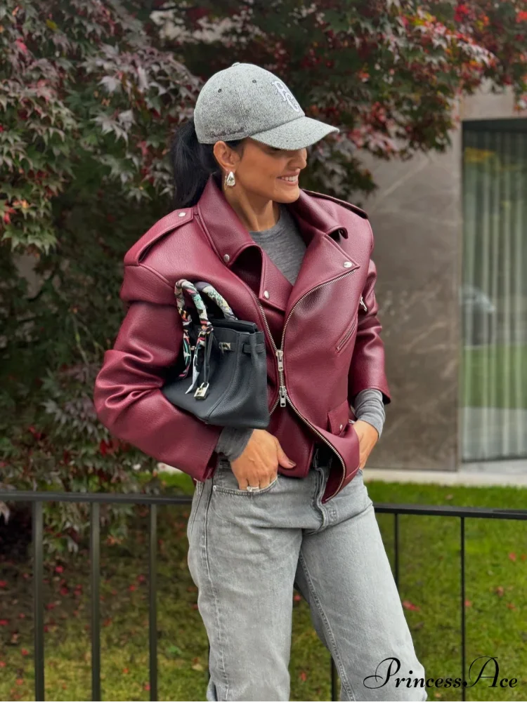 Red Zipper High Neck Leather Coat - Image 3