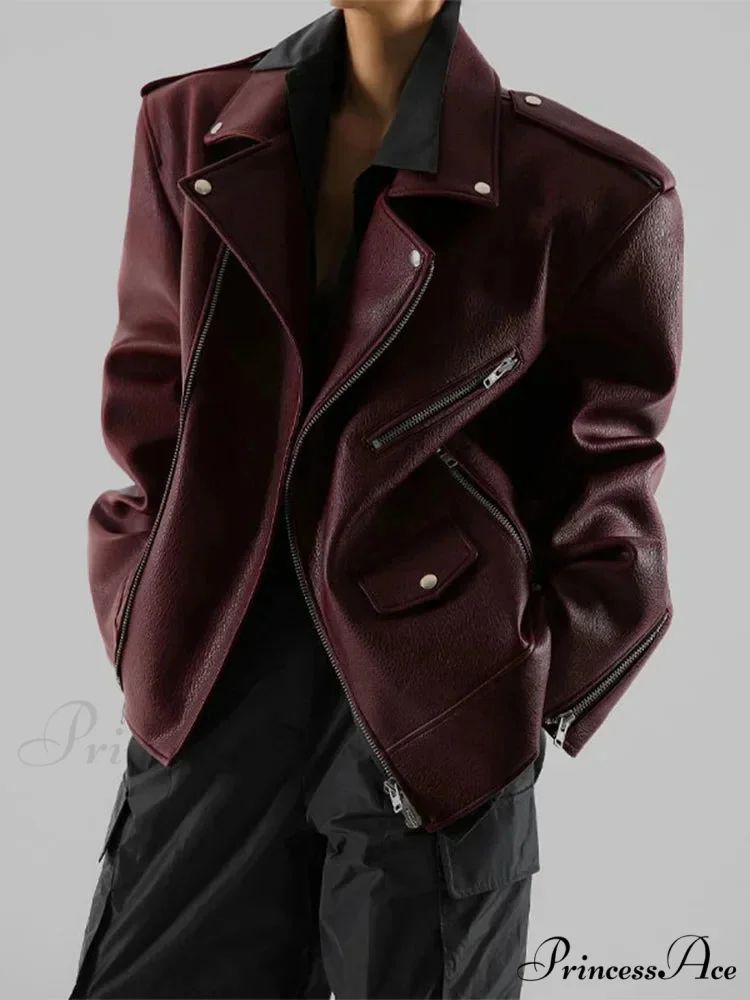 Red Zipper High Neck Leather Coat - Image 4