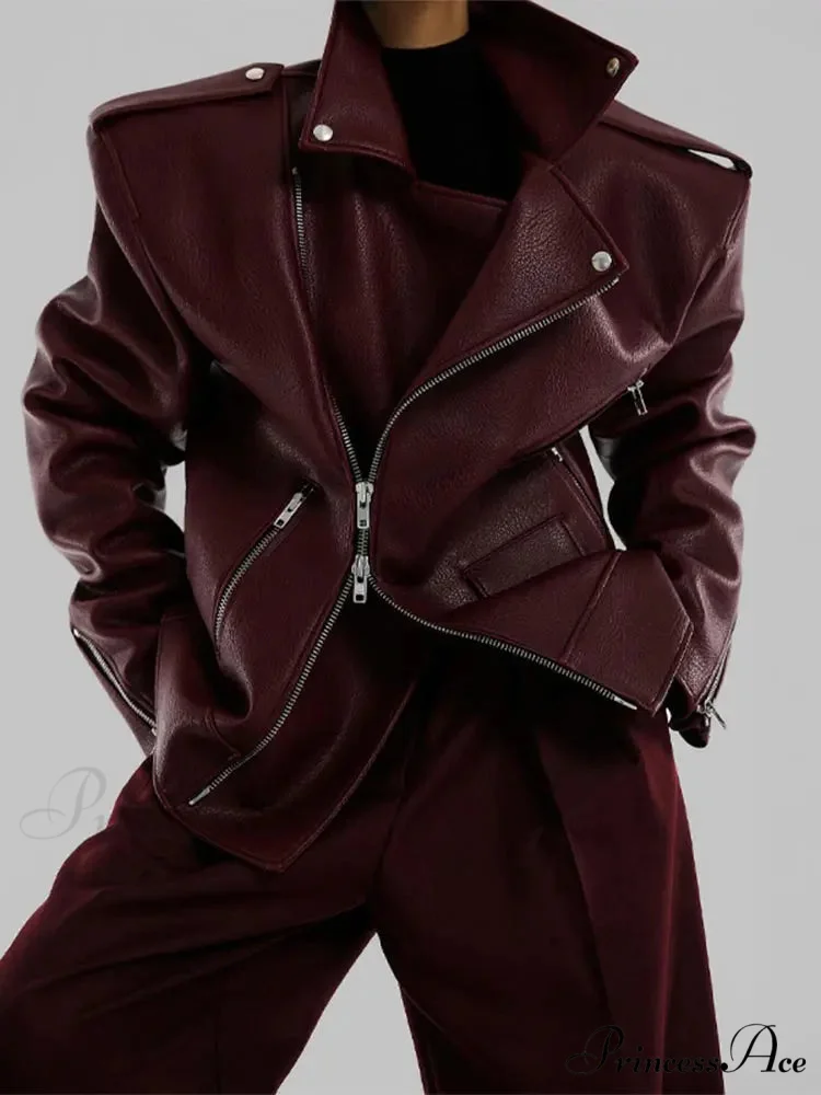 Red Zipper High Neck Leather Coat - Image 5