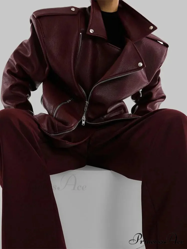 Red Zipper High Neck Leather Coat - Image 6
