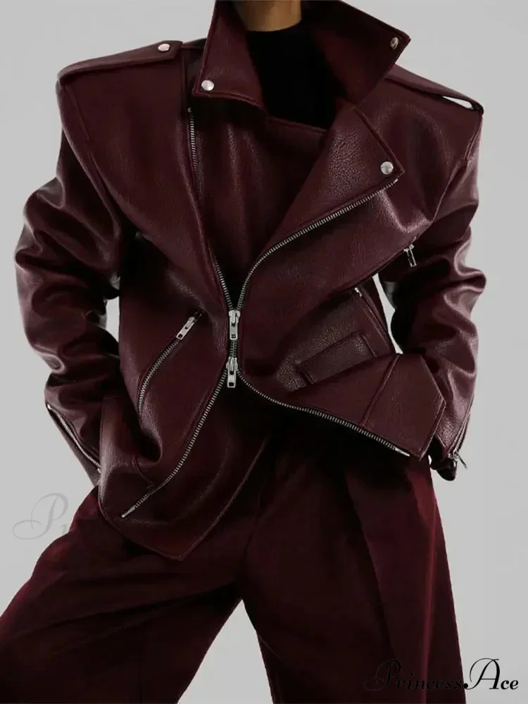 Red Zipper High Neck Leather Coat - Image 7