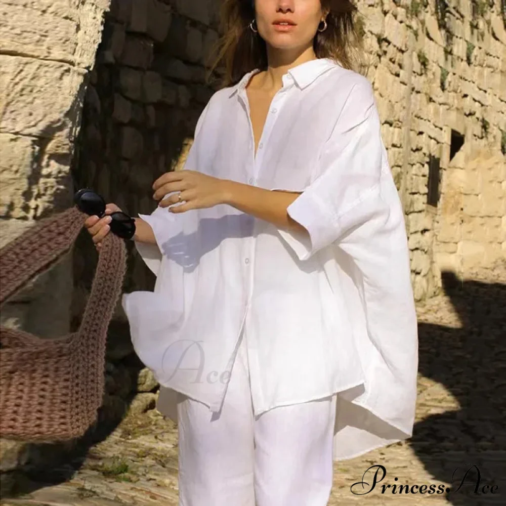 Relaxed Baggy Ivory Button-up Half Sleeve Blouse - Image 2