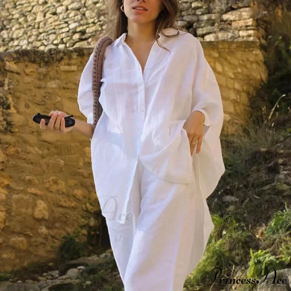 Relaxed Baggy Ivory Button-up Half Sleeve Blouse - Image 3