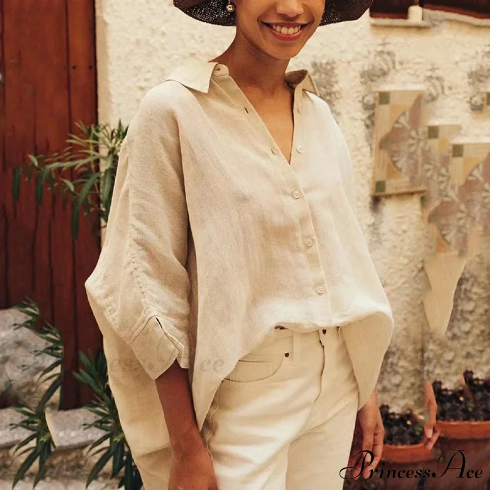 Relaxed Baggy Ivory Button-up Half Sleeve Blouse - Image 4