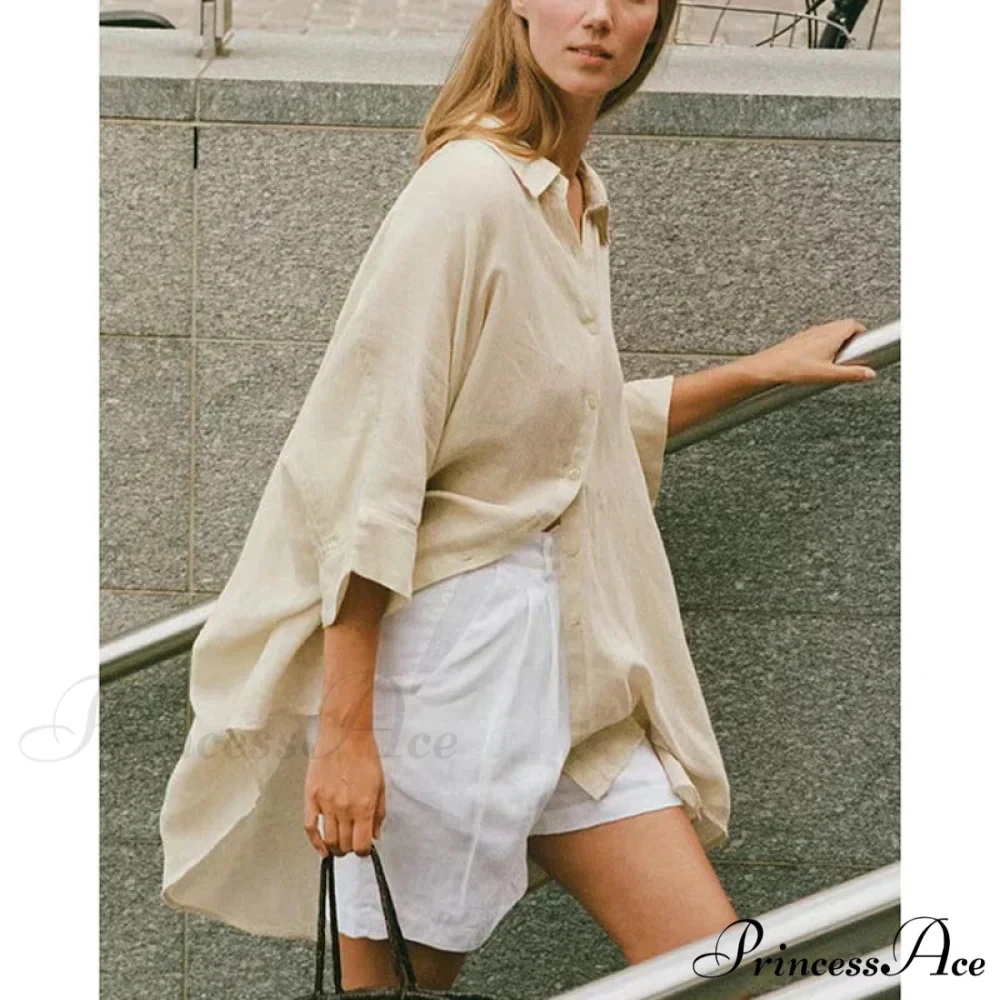 Relaxed Baggy Ivory Button-up Half Sleeve Blouse - Image 5