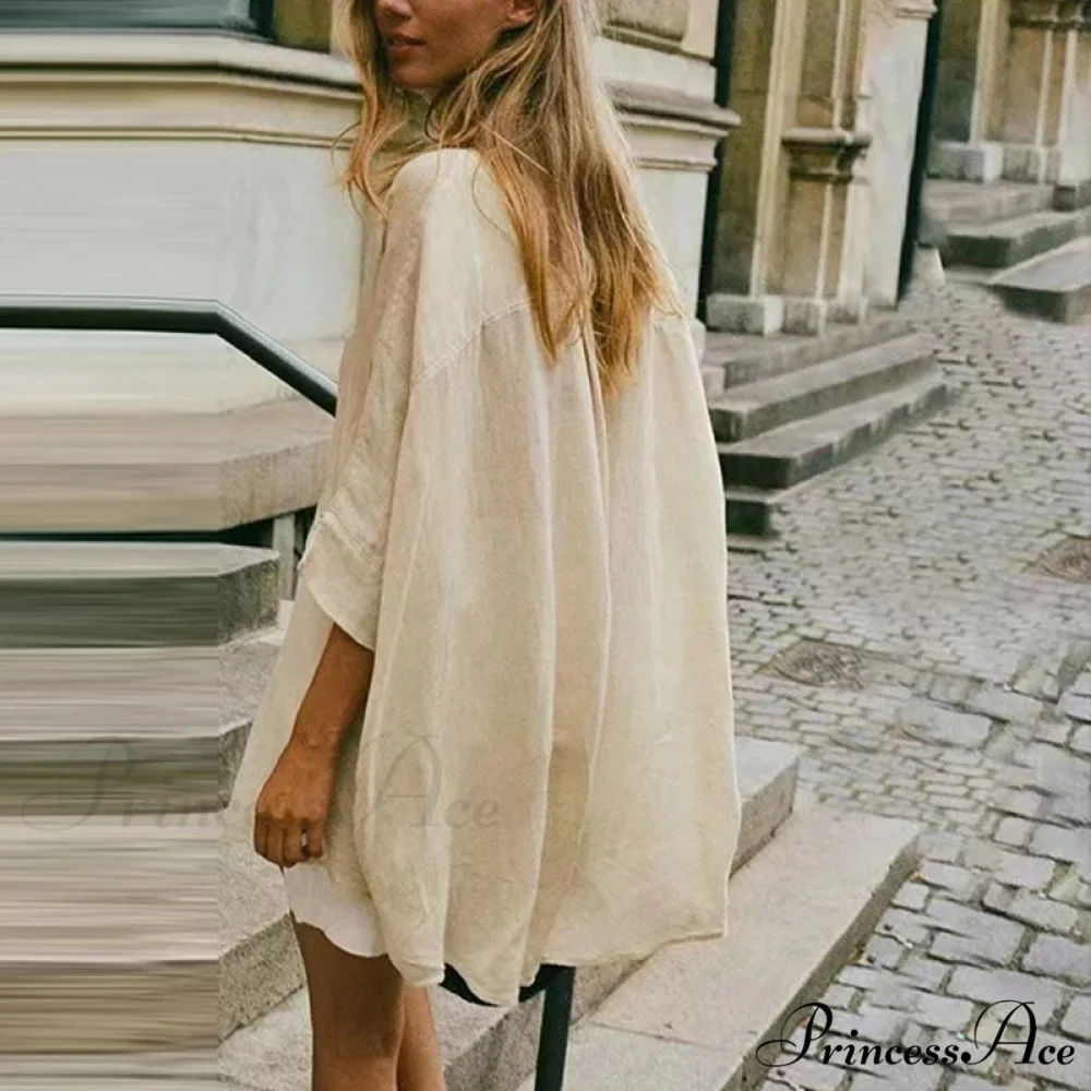 Relaxed Baggy Ivory Button-up Half Sleeve Blouse - Image 6