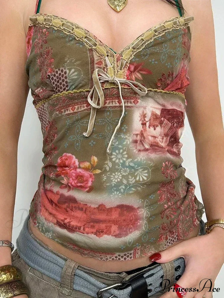 Retro 2000s Mesh Flower Pattern Bow Lace Trim Cute Cami - Image 3