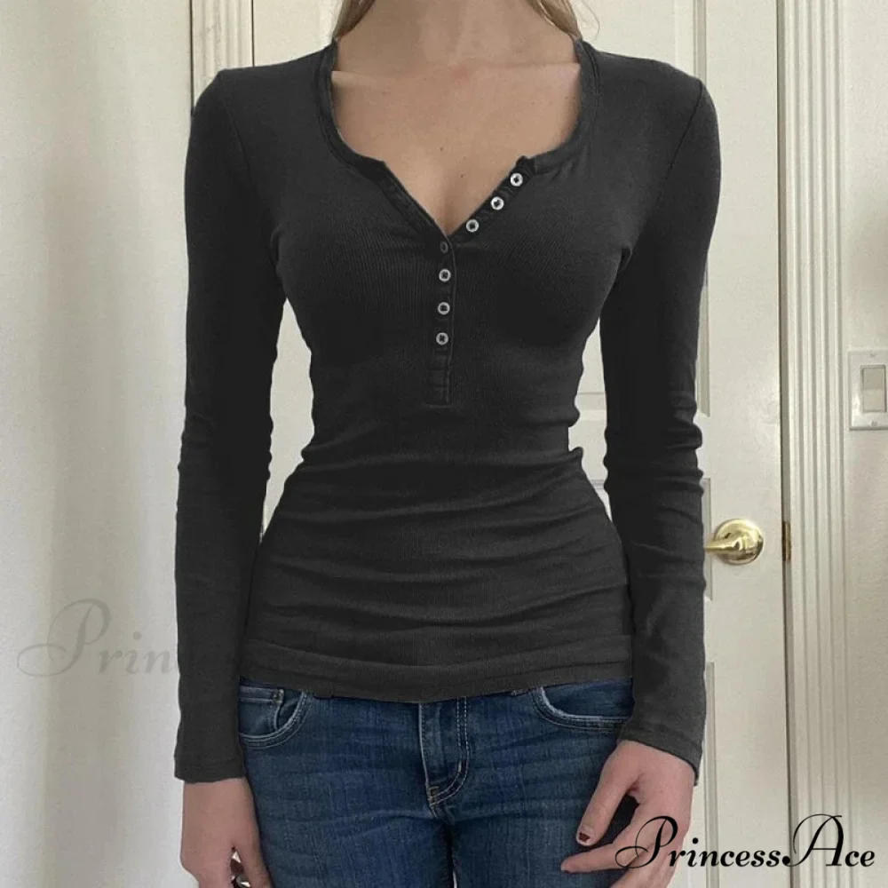 Retro 2000s Simple Crop Top Grunge Button Slim Fit Knit Top - Image 2