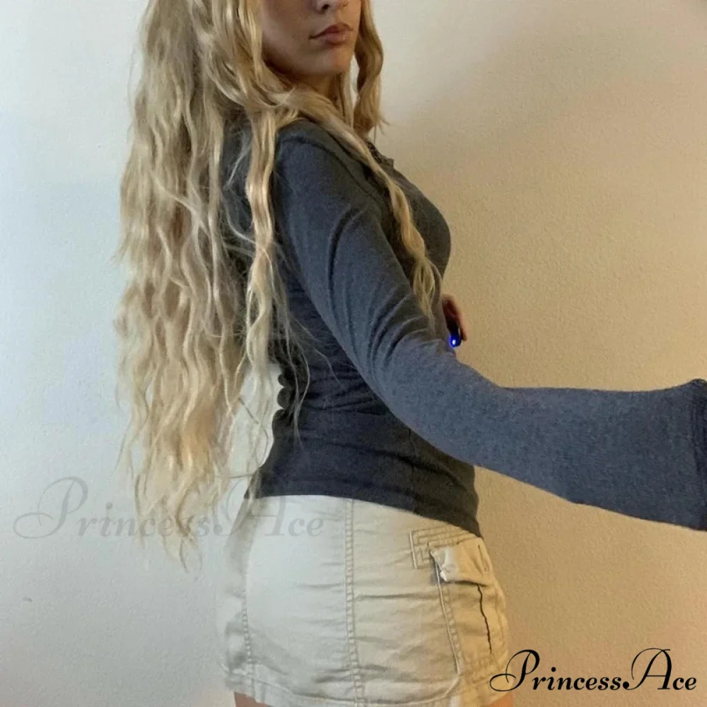 Retro 2000s Simple Crop Top Grunge Button Slim Fit Knit Top - Image 4