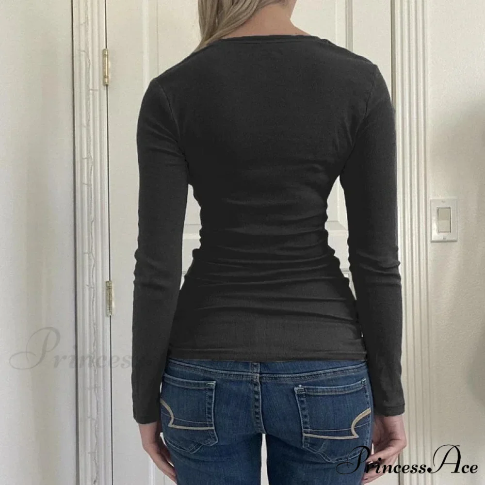 Retro 2000s Simple Crop Top Grunge Button Slim Fit Knit Top - Image 5