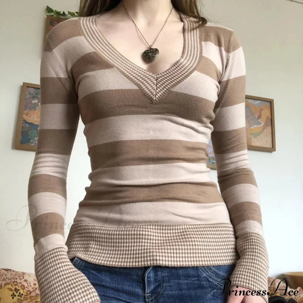Retro Banded T-shirt V-Neck Extended Sleeve Knit Top Women - Image 2