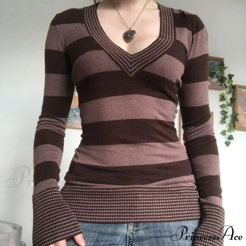 Retro Banded T-shirt V-Neck Extended Sleeve Knit Top Women - Image 4