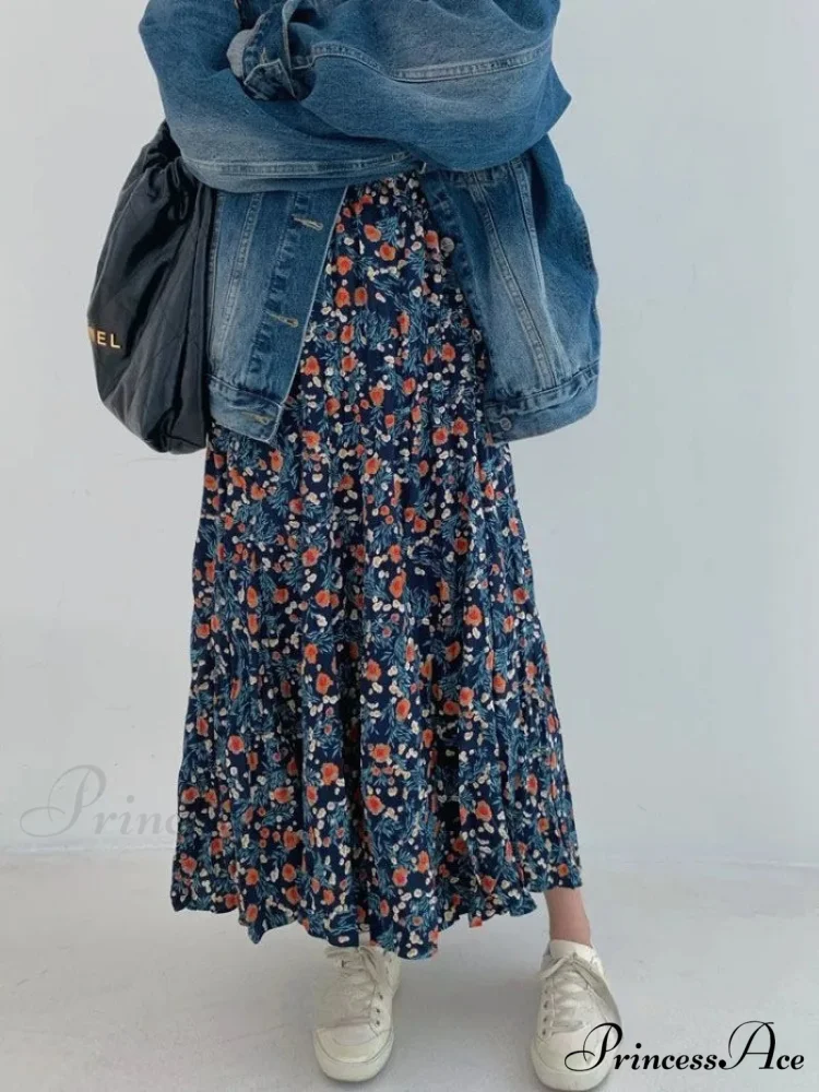 Retro Blossom Pattern High Waist Pleated Skirt - Image 3