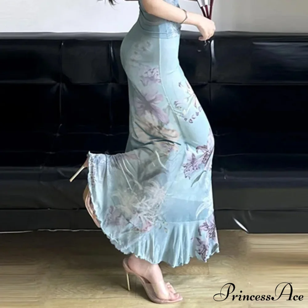 Retro Blossom Pattern Mesh Mermaid Slim Bodycon Y2K Skirt - Image 2