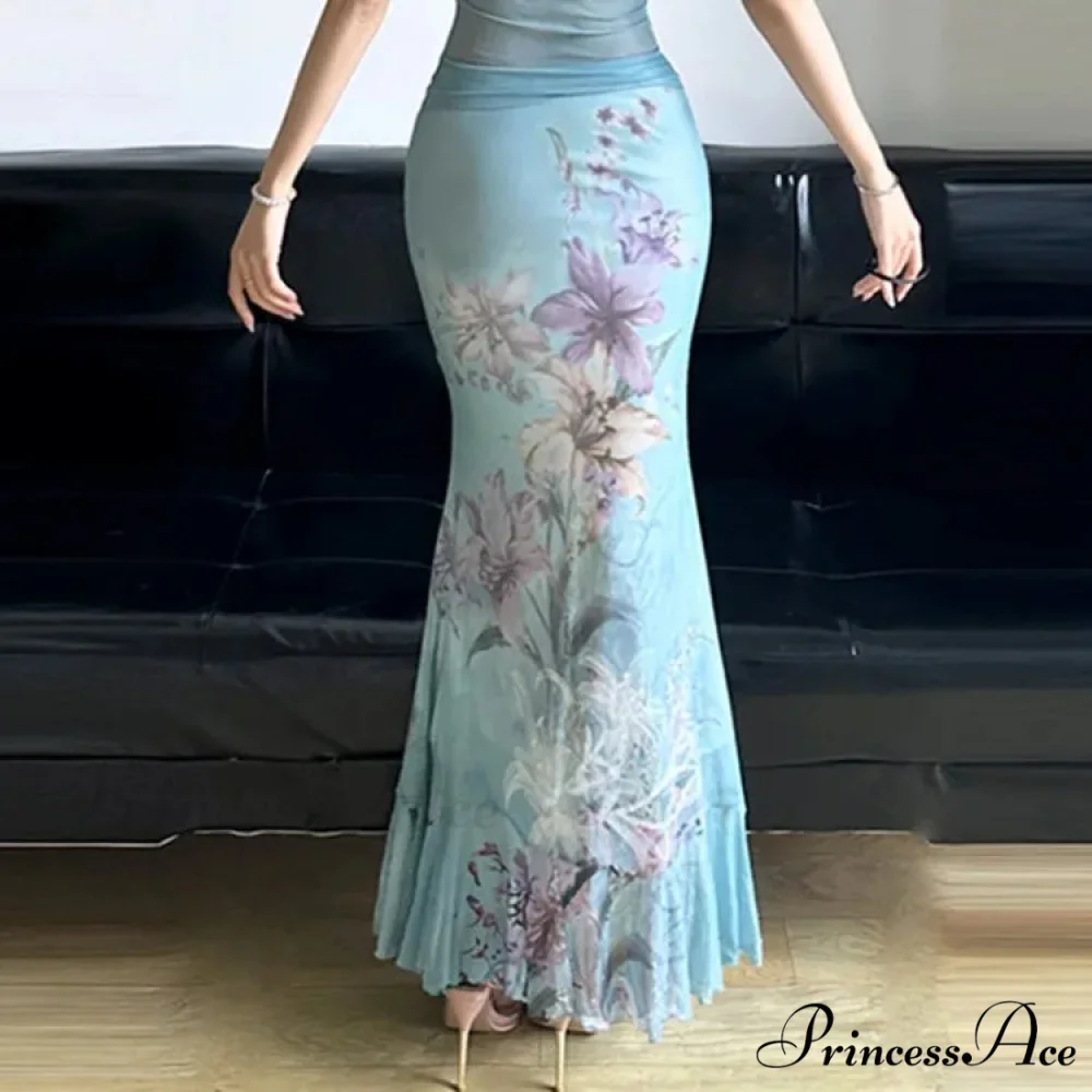Retro Blossom Pattern Mesh Mermaid Slim Bodycon Y2K Skirt - Image 3