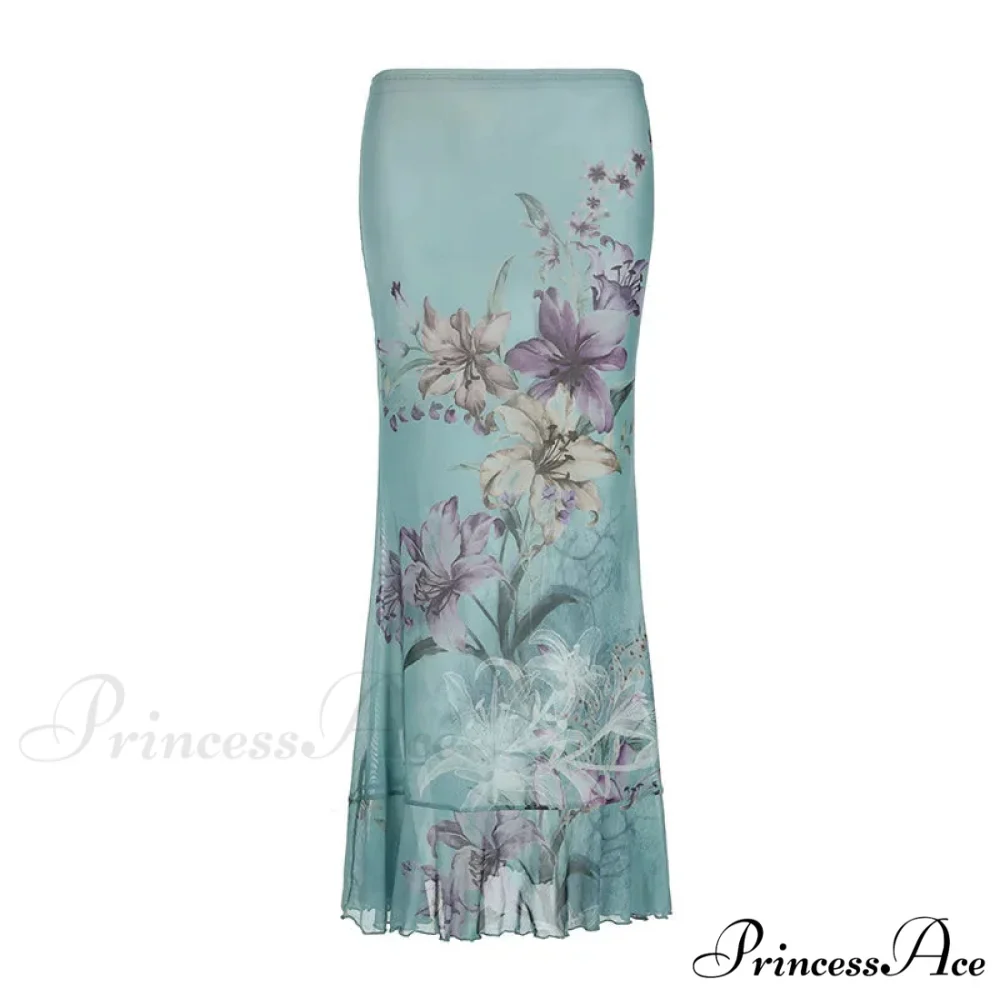 Retro Blossom Pattern Mesh Mermaid Slim Bodycon Y2K Skirt - Image 4