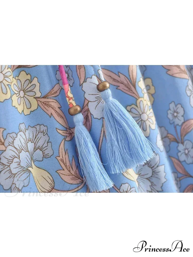 Retro Bohemian Azure Flower Pattern Fringe Shore Skirt Tall Stretchy A-Line - Image 2