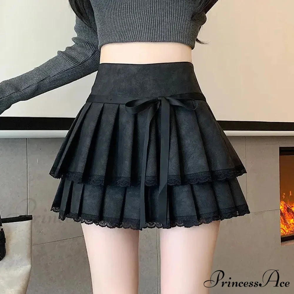 Retro Bow Folded Faux Leather Skirt - Image 2