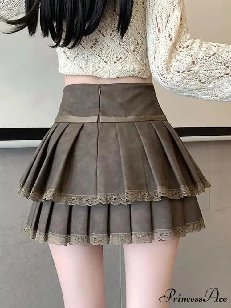Retro Bow Folded Faux Leather Skirt - Image 5