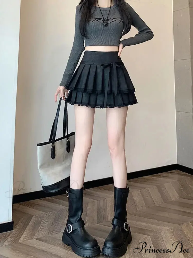 Retro Bow Folded Faux Leather Skirt - Image 6