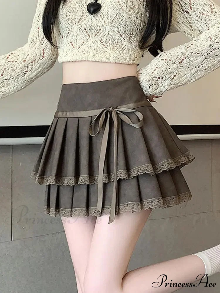 Retro Bow Folded Faux Leather Skirt - Image 7