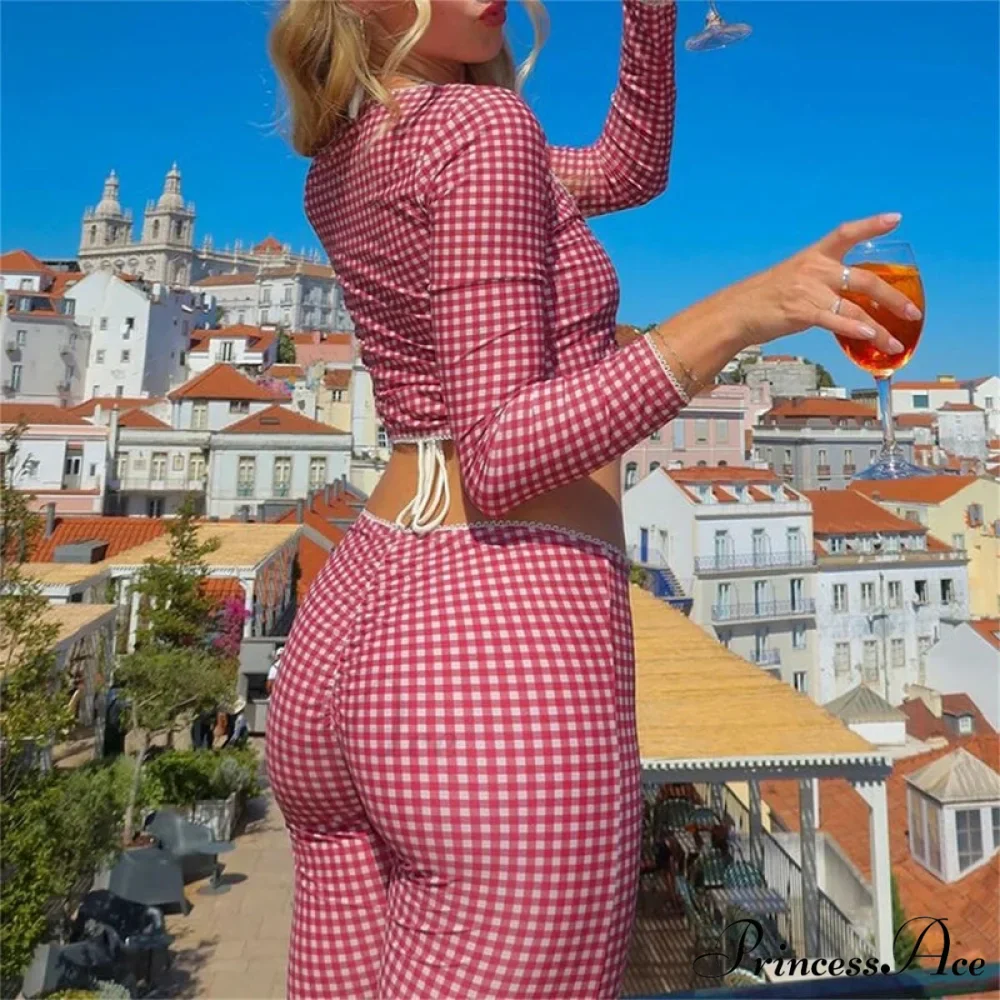 Retro Cottage Trim Fit T-shirt Checkered Tie Front Crop Top Low Waist Pants Two Pieces Set - Image 3