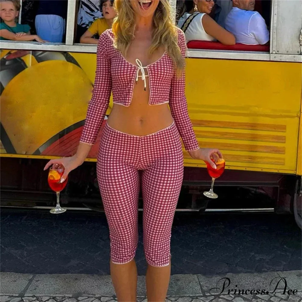 Retro Cottage Trim Fit T-shirt Checkered Tie Front Crop Top Low Waist Pants Two Pieces Set - Image 7
