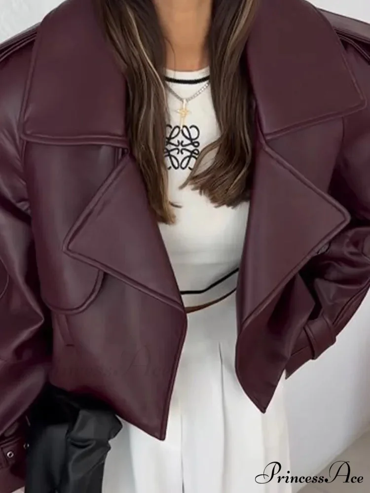 Retro Crimson Faux Leather Brief Jacket - Image 2