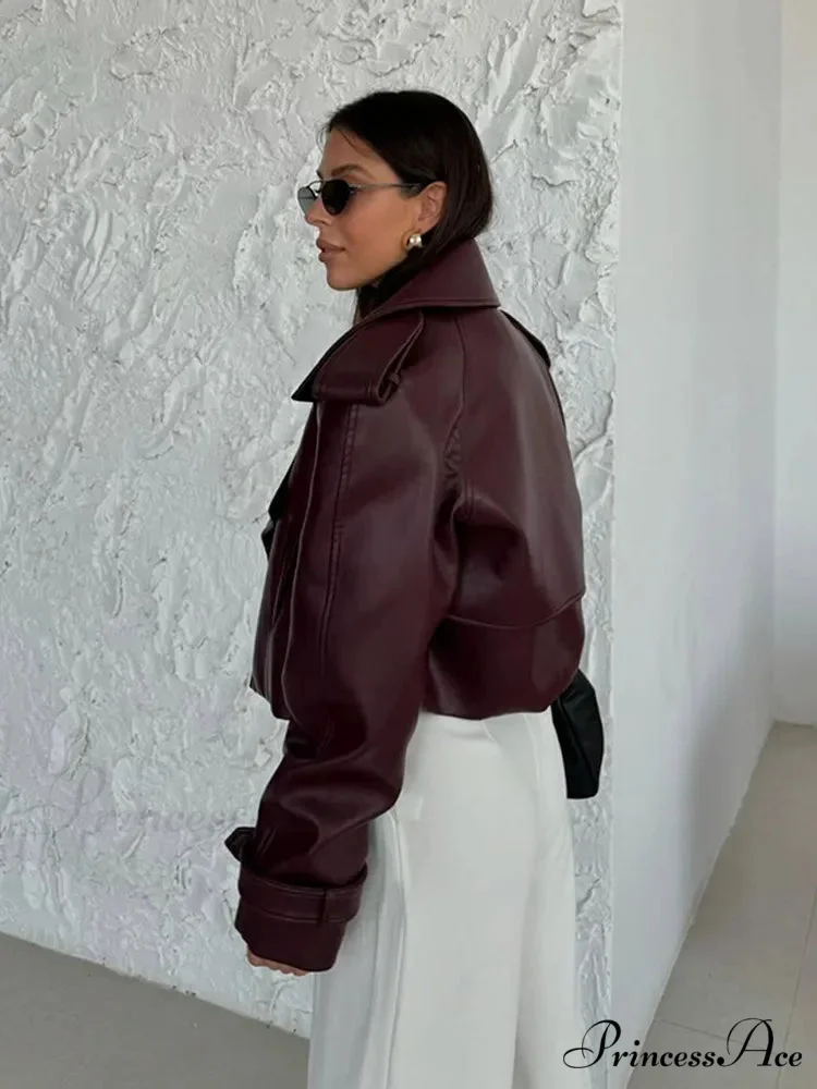Retro Crimson Faux Leather Brief Jacket - Image 3