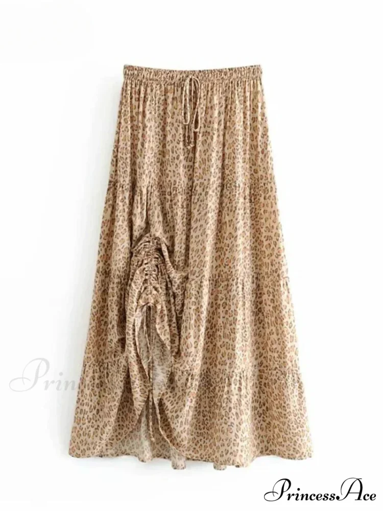 Retro Elegant Bohemian Leopard Print Fold Style High Stretch A-Line Skirt - Image 2
