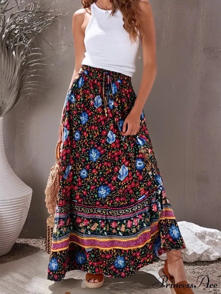 Retro Elegant Crimson Flowered Printed Seaside Bohemian Rayon Pleated A-Line Skirt - Image 2