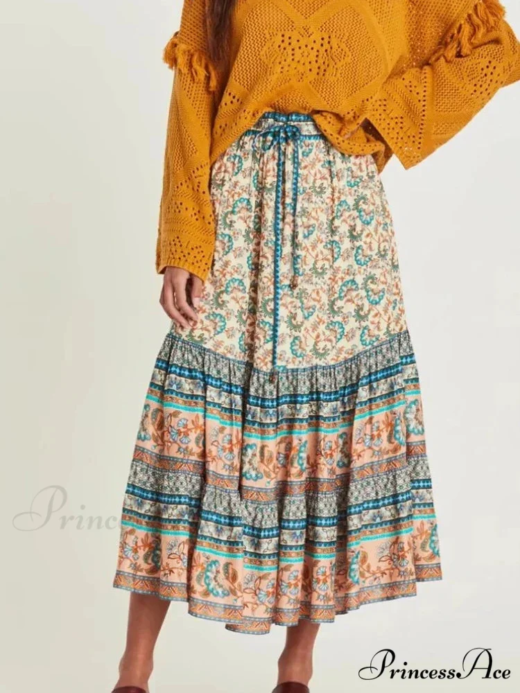 Retro Elegant Hippie Floral Peacock Printed High Waist Rayon A-Line Midi Boho Skirt - Image 2