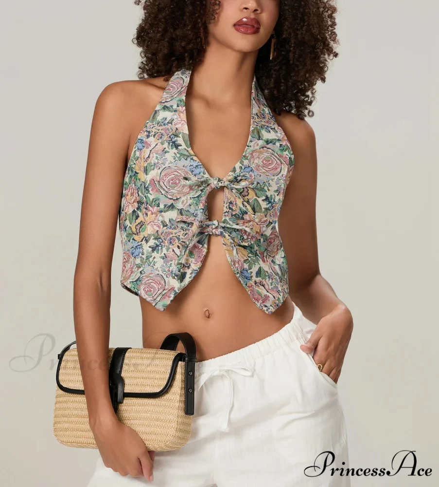Retro Flower Halterneck Bow Tied Front Deep V Crop Top - Image 2
