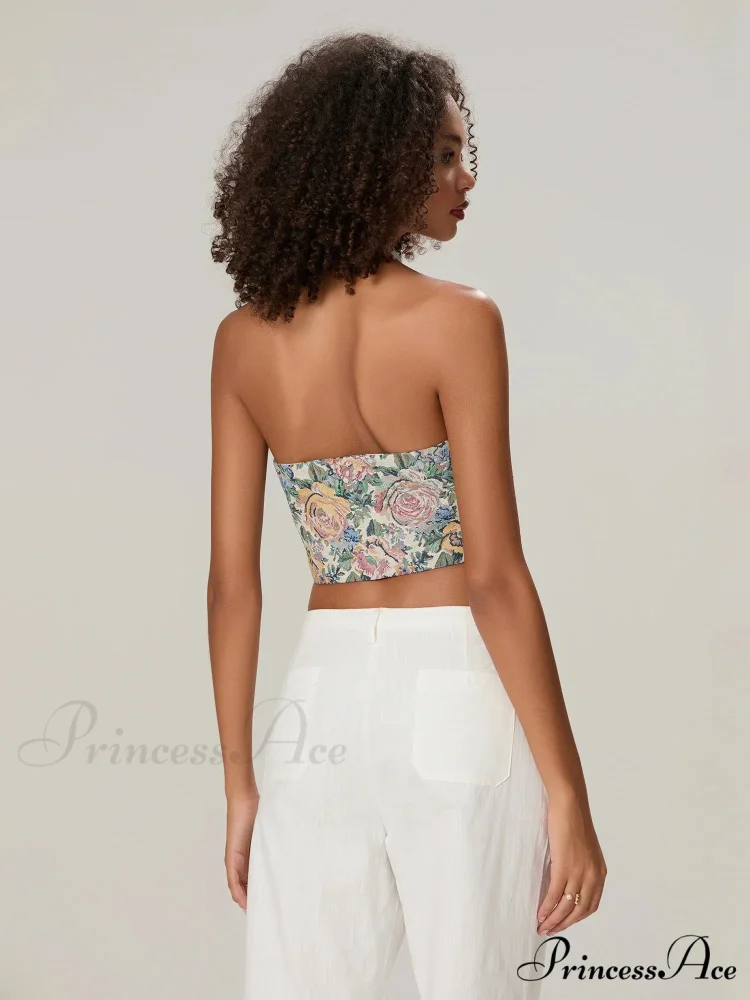 Retro Flower Halterneck Bow Tied Front Deep V Crop Top - Image 3