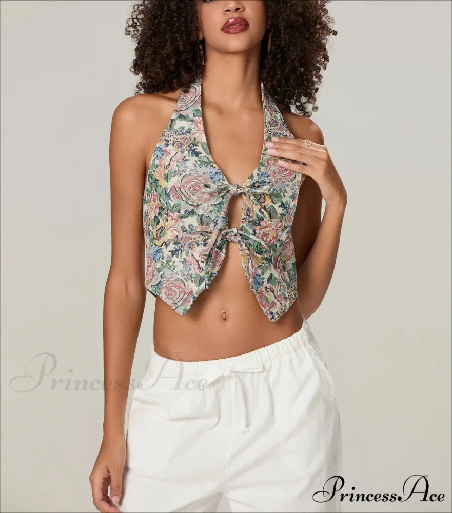Retro Flower Halterneck Bow Tied Front Deep V Crop Top - Image 4