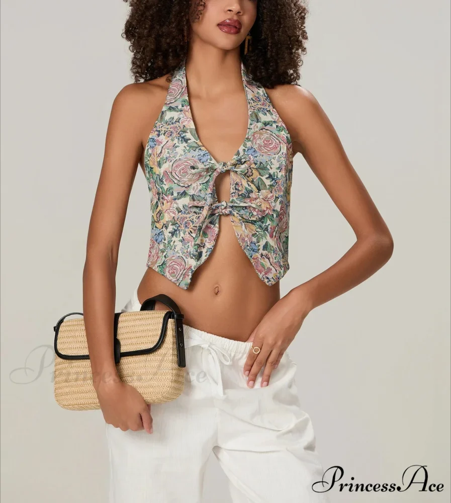 Retro Flower Halterneck Bow Tied Front Deep V Crop Top - Image 5