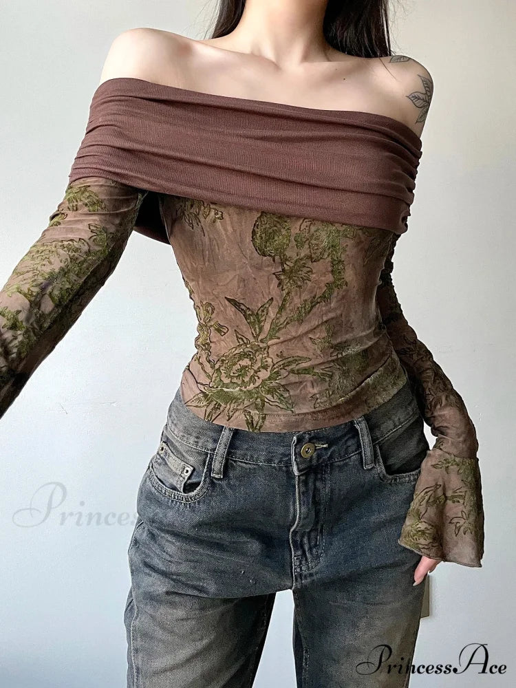 Retro Flower Patchwork Sleek Slash Neck Flare Sleeve Extended Sleeve Knit Top - Image 2