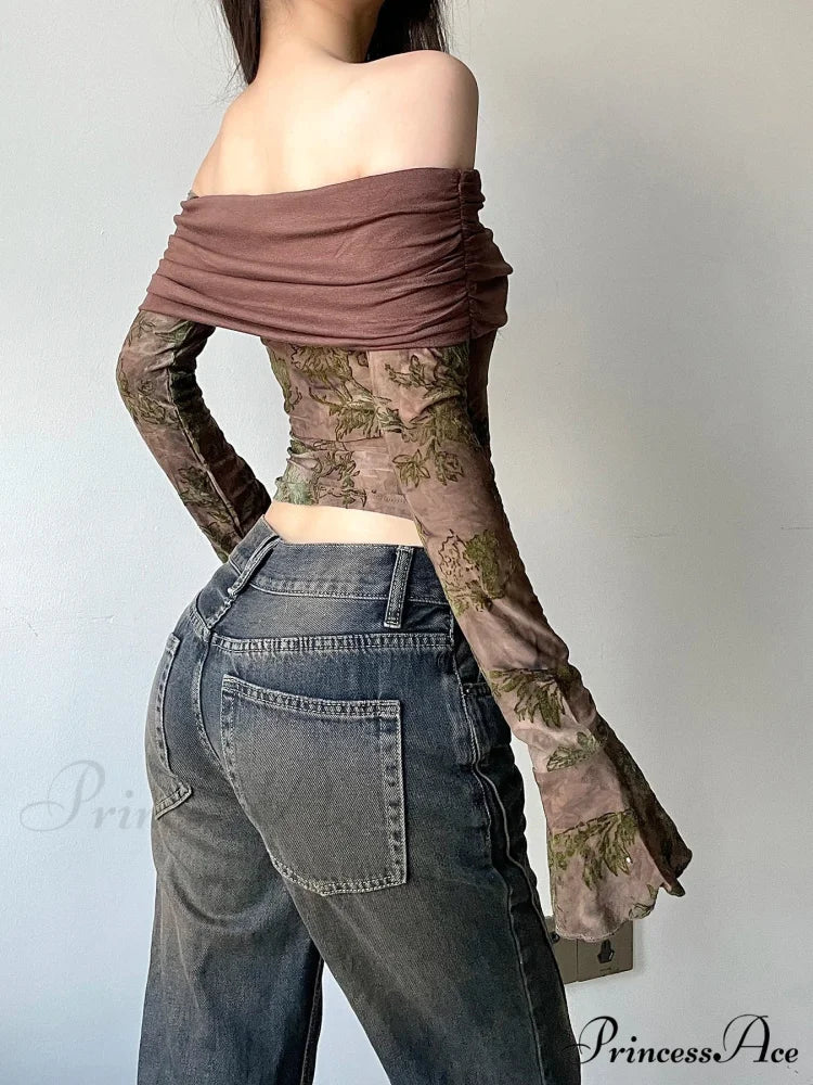 Retro Flower Patchwork Sleek Slash Neck Flare Sleeve Extended Sleeve Knit Top - Image 3
