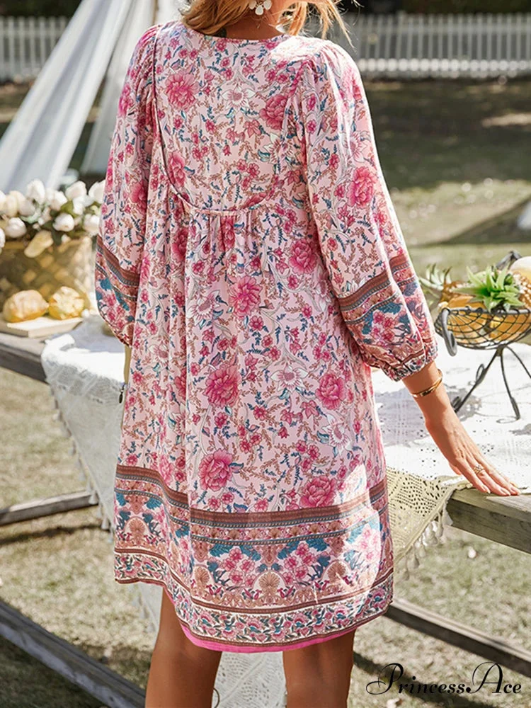 Retro Flower Pattern Bohemian Flare Dress - Image 3