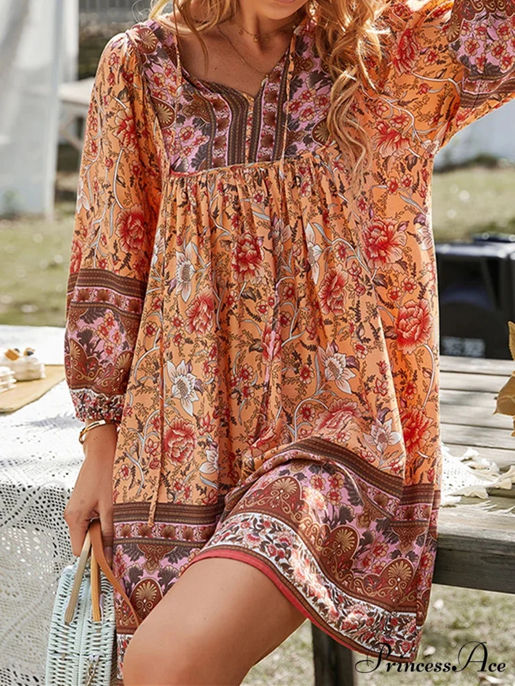 Retro Flower Pattern Bohemian Flare Dress - Image 4