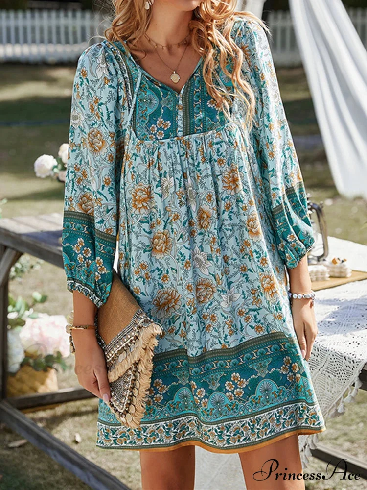 Retro Flower Pattern Bohemian Flare Dress - Image 5
